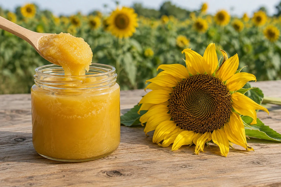Tarro de miel de girasol cristalizada y cremosa junto a una flor de girasol