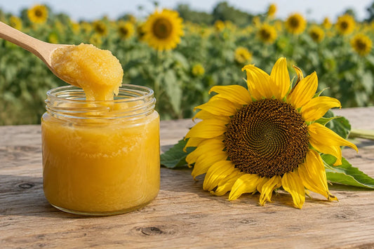 Tarro de miel de girasol cristalizada y cremosa junto a una flor de girasol