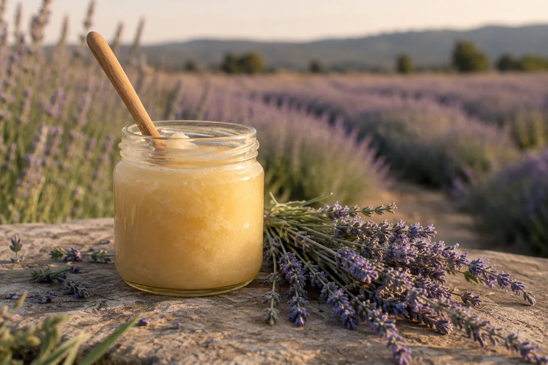 Tarro de miel de lavanda cristalizada junto a un manojo de espliego en un campo de lavanda