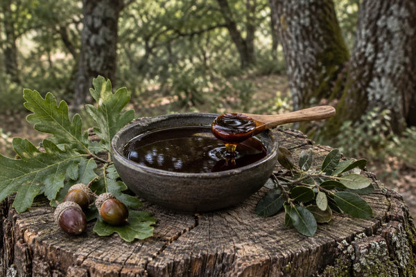 Cuenco de miel de roble casi negra sobre un tocón con hojas de roble, encina y bellotas