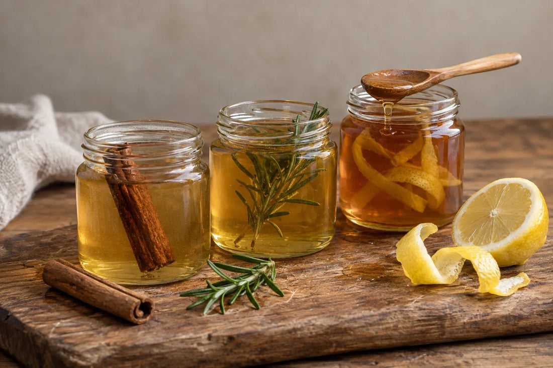 Tres tarros de miel infusionada con canela, romero y piel de limón sobre una tabla de madera