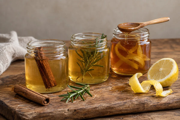 Tres tarros de miel infusionada con canela, romero y piel de limón sobre una tabla de madera