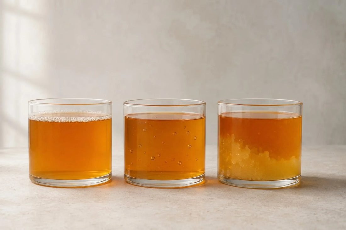 Tres muestras genéricas de miel con microespuma, burbujas y cristalización parcial en capas