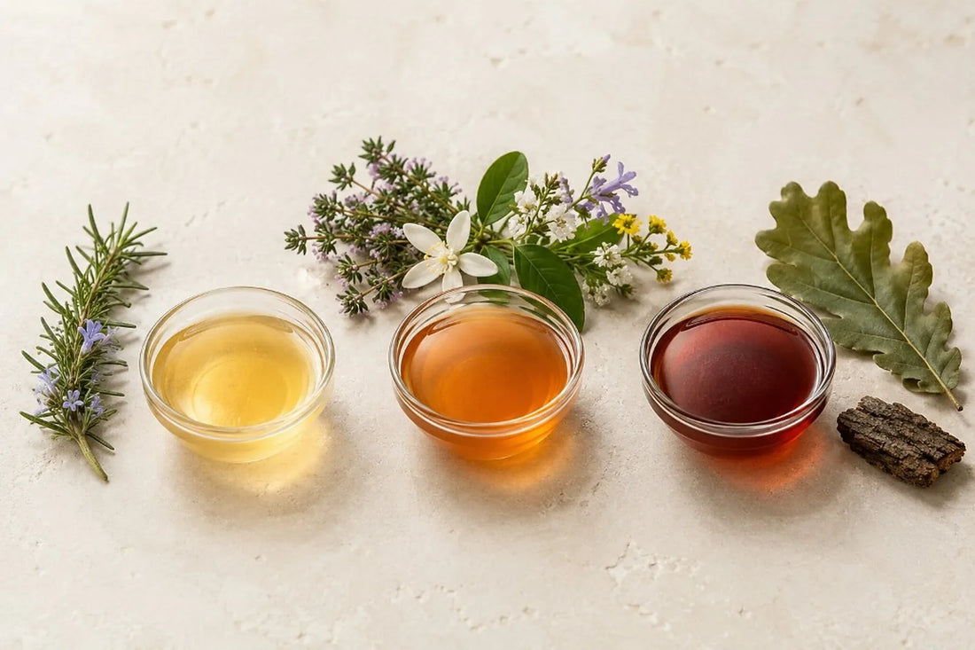 Tres muestras de miel clara, ámbar y oscura junto a flores variadas y una hoja de roble