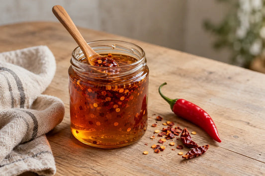 Tarro de miel picante con copos de guindilla, con una cuchara de madera