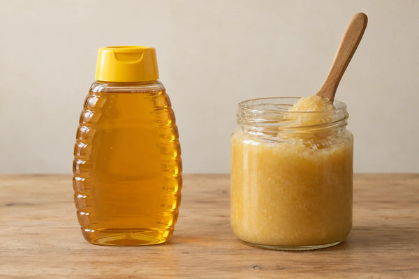 Bote dosificador de miel líquida junto a un tarro de miel cristalizada con cuchara de madera