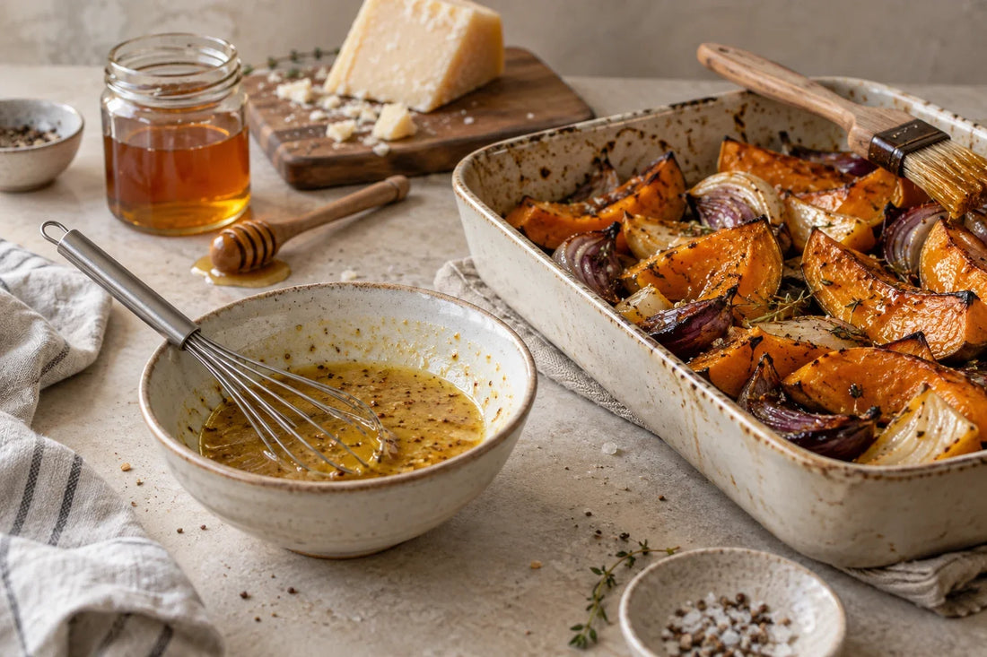 Vinagreta de miel y mostaza junto a una fuente de calabaza y cebolla asadas glaseadas con miel