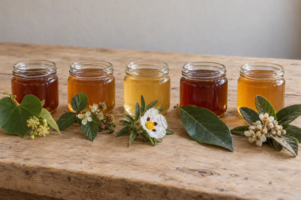 Cinco pequeños tarros de miel de distinto color con ramitas de tilo, zarzamora, jara, aguacate y níspero