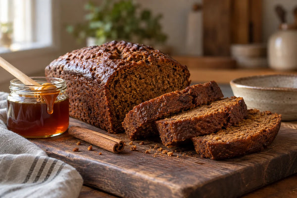 Pan de miel y especias casero cortado en rebanadas gruesas sobre una tabla de madera