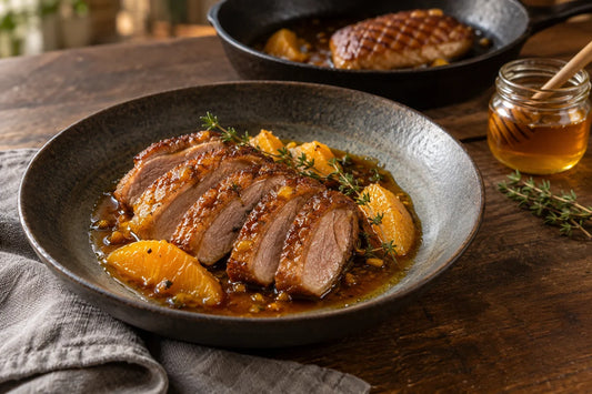 Magret de pato laminado con piel dorada, salsa de naranja y miel y gajos de naranja en un plato