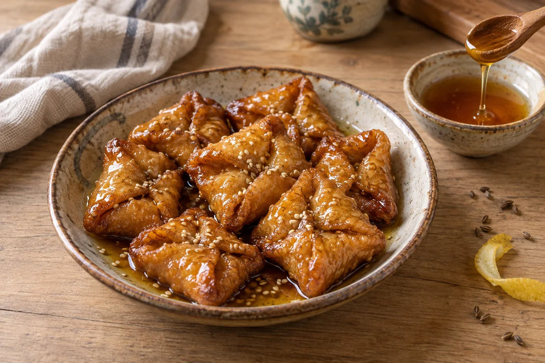 Pestiños fritos y bañados en miel, apilados sobre un plato con sésamo tostado.