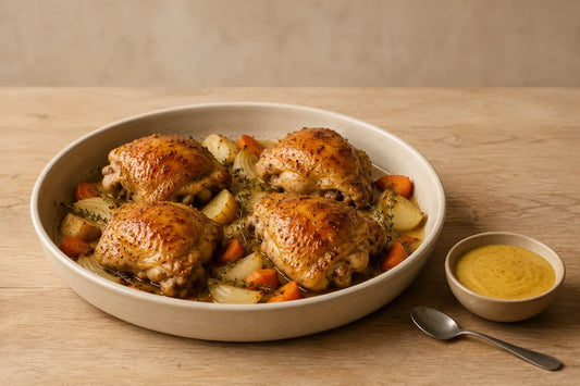 Cuatro piezas de pollo al horno con un glaseado fino de miel y mostaza en una fuente de cerámica.