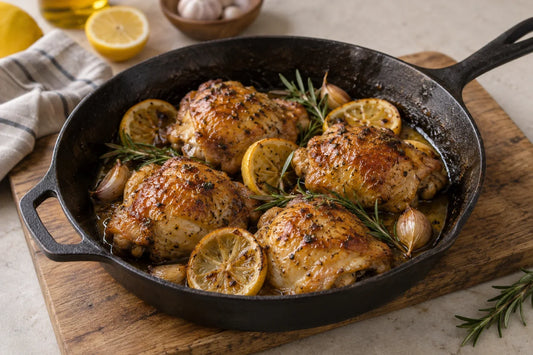 Contramuslos de pollo glaseados con miel y limón, rodajas de limón, ajo y romero en una sartén de hierro
