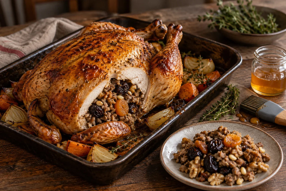 Pollo relleno de Navidad dorado con glaseado de miel, con ciruelas y orejones alrededor, recién salido del horno