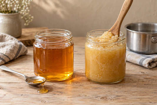 Tarro de miel líquida y tarro de miel cristalizada con cuchara de madera junto a un cazo para baño maría