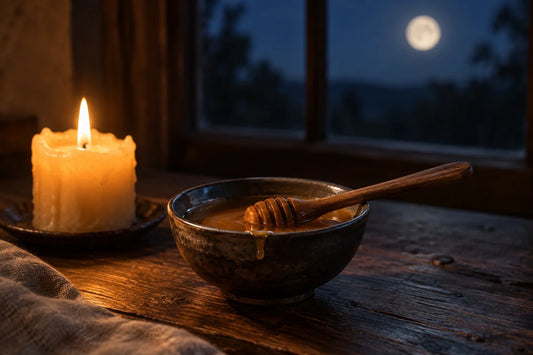 Cuenco pequeño de miel dorada junto a una vela encendida sobre madera oscura, con una luna llena desenfocada al fondo