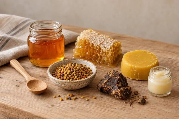 Miel, panal, polen, propóleo, cera de abeja y jalea real sobre una mesa de madera