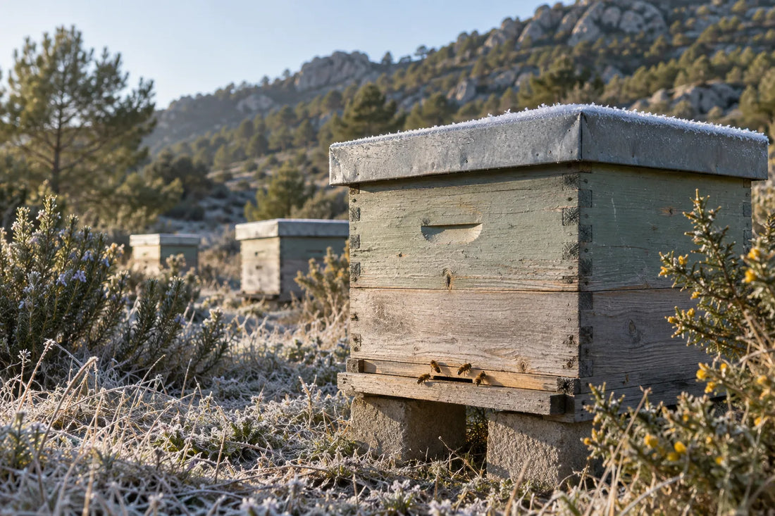 Colmenas de madera con escarcha en un colmenar de montaña en invierno y abejas en la piquera