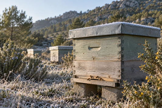 Colmenas de madera con escarcha en un colmenar de montaña en invierno y abejas en la piquera