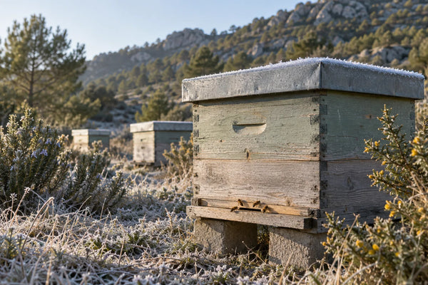 Colmenas de madera con escarcha en un colmenar de montaña en invierno y abejas en la piquera