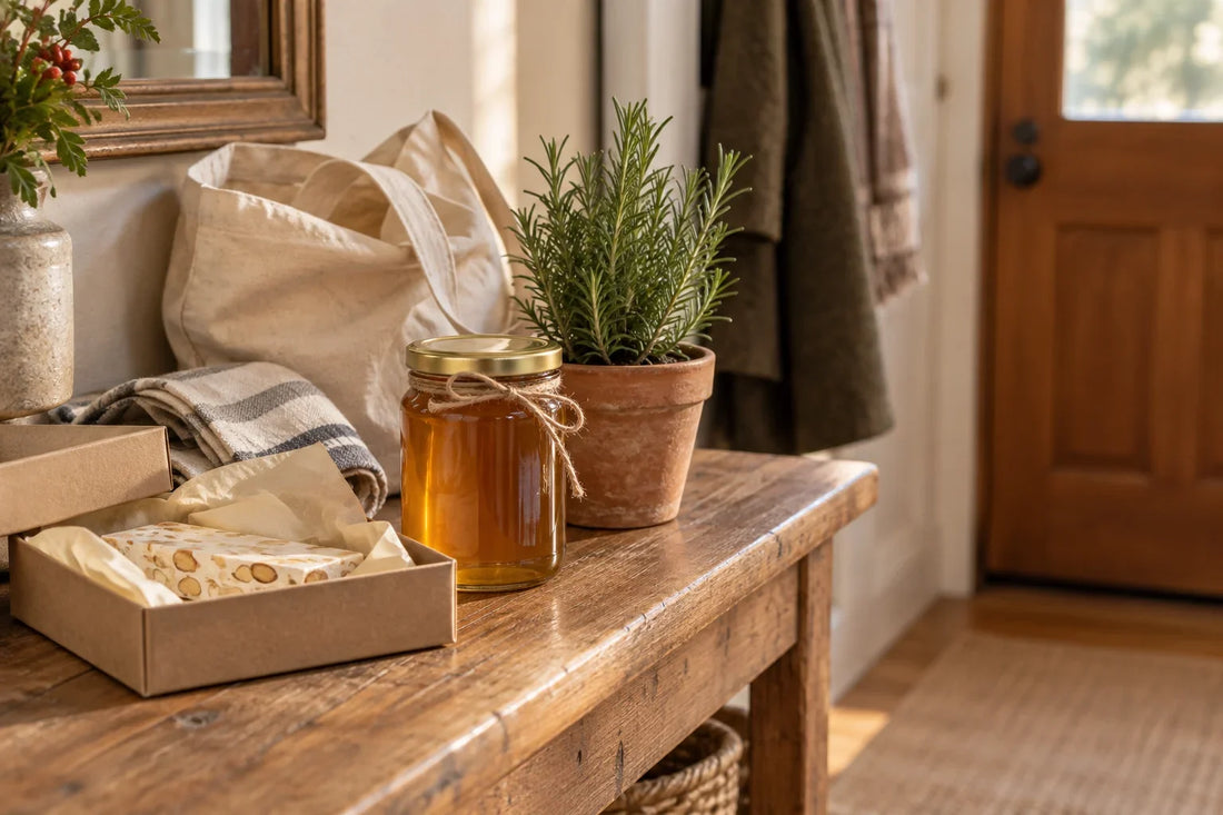Tarro de miel, una planta pequeña de romero en maceta de barro y una caja de turrón sobre una mesa de madera junto a la puerta de casa