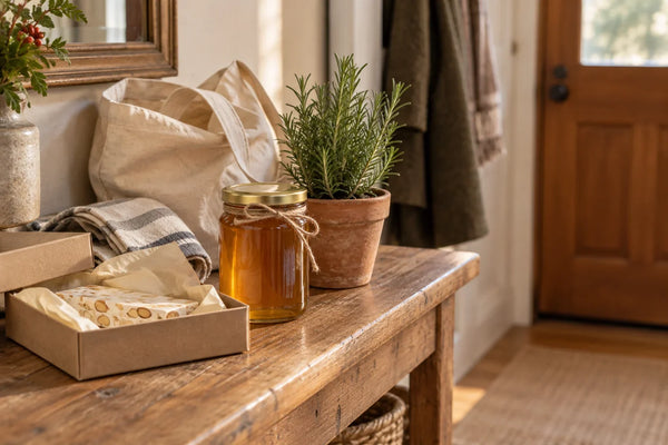 Tarro de miel, una planta pequeña de romero en maceta de barro y una caja de turrón sobre una mesa de madera junto a la puerta de casa