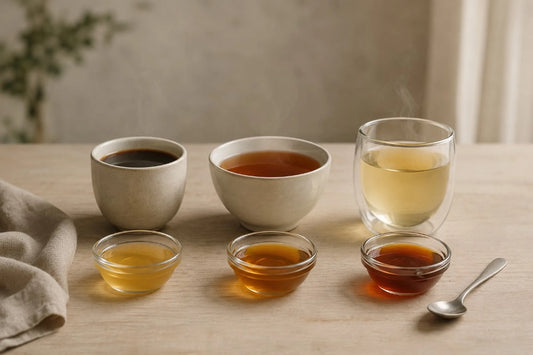 Café, té e infusión herbal junto a tres pequeñas muestras de miel de distinta intensidad