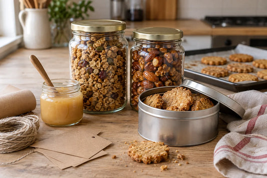 Tarros de cristal con granola y frutos secos caramelizados, una lata con galletas de miel y una cuchara de madera sobre una mesa de cocina