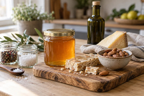 Tarro de miel, frascos de especias, un trozo de turrón y una tabla de madera con frutos secos sobre una mesa de cocina