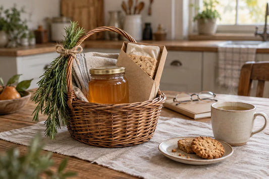 Cesta de mimbre pequeña con un tarro de miel, una caja de turrón y un paño de lino sobre una mesa de cocina con una taza de infusión