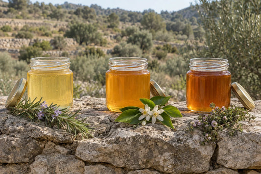 Tres tarros de miel de distinto color, de romero, tomillo y azahar, con ramitas de cada planta