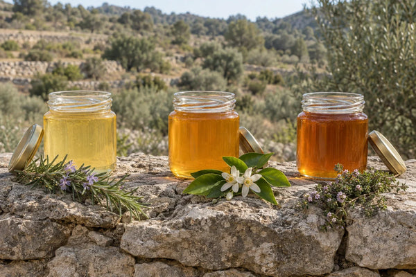 Tres tarros de miel de distinto color, de romero, tomillo y azahar, con ramitas de cada planta