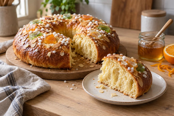 Roscón de Reyes dorado con fruta escarchada y almendra laminada, con una porción cortada junto a un tarro de miel.
