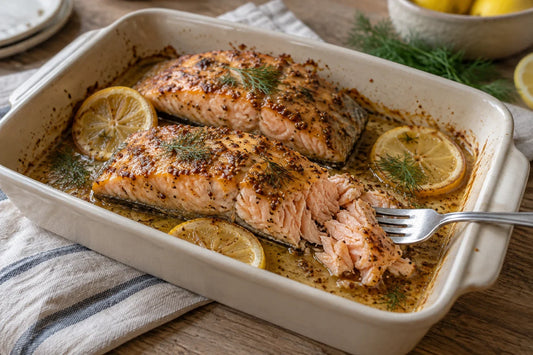 Lomos de salmón al horno con glaseado de miel y mostaza, limón y eneldo en una fuente de cerámica