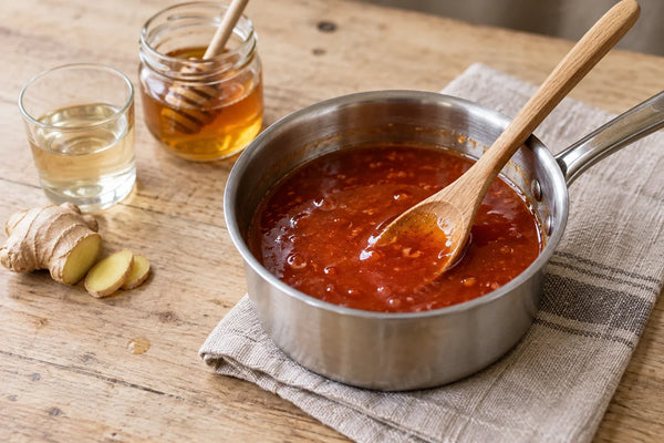 Cazo con salsa agridulce de miel y tomate, espesa y brillante