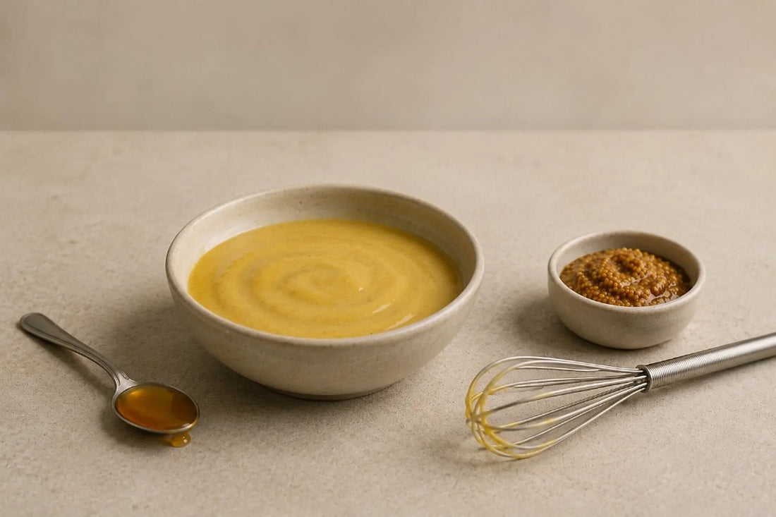 Cuenco de salsa de miel y mostaza junto a miel, mostaza en grano y un batidor pequeño