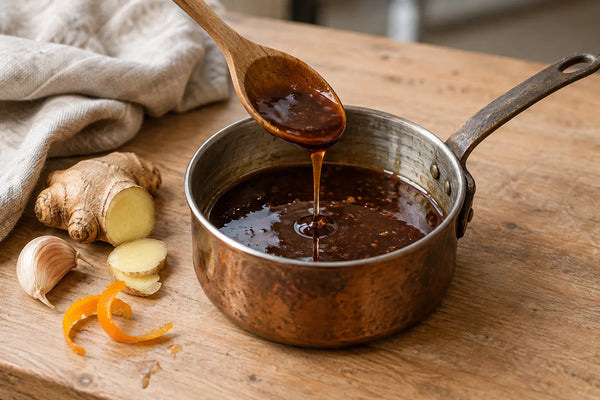 Cazo con salsa de miel y soja espesa y brillante, con una cuchara de madera