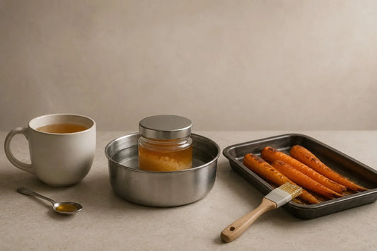 Tres usos domésticos de la miel con calor: bebida templada, baño maría suave y glaseado al horno.