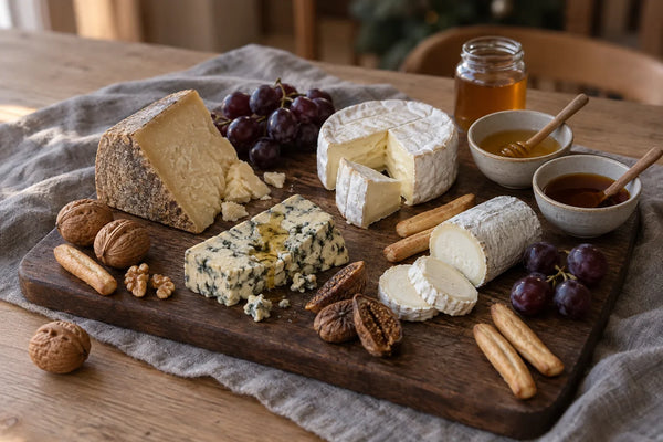 Tabla de madera con cuatro quesos, cuencos pequeños de miel, uvas, nueces y picos