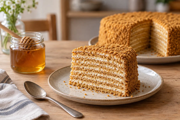 Tarta de capas finas de miel rusa, medovik, cortada mostrando sus láminas y la crema entre ellas