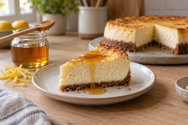 Porción de tarta de queso con miel cortada, mostrando la base de galleta y la crema
