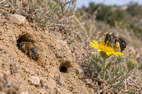 Varias abejas silvestres distintas sobre un talud de tierra, mostrando distintos tamaños y colores