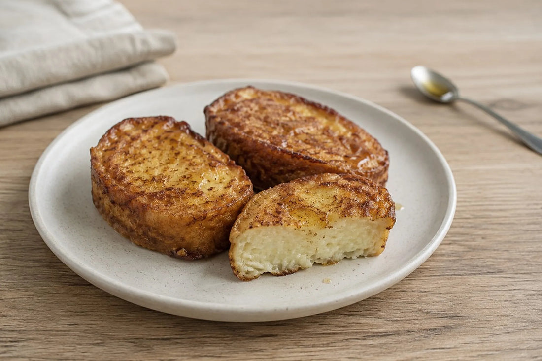 Torrijas doradas con una capa ligera de miel de azahar y la miga jugosa visible