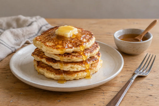 Pila de tortitas con un hilo de miel cayendo por los lados y una nuez de mantequilla encima