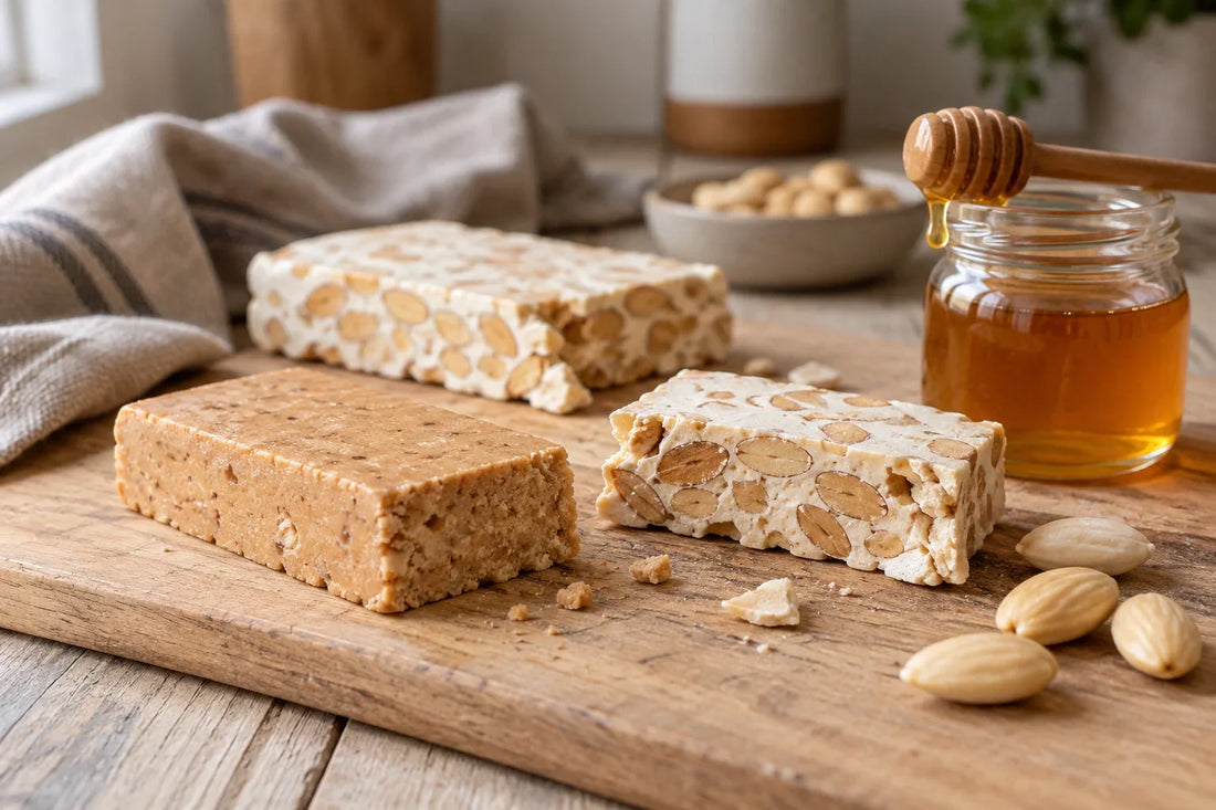 Porción de turrón blando y porción de turrón duro con almendras junto a un tarro pequeño de miel sobre una tabla de madera.
