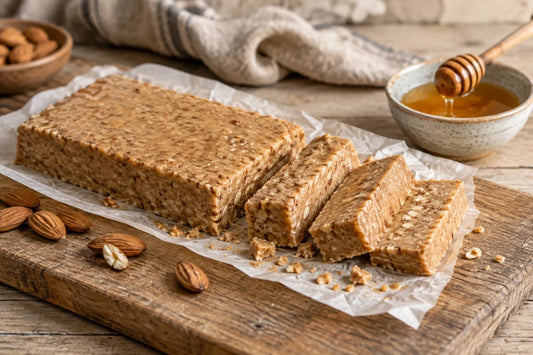 Tableta de turrón blando de almendra cortada en porciones junto a un cuenco de miel y almendras tostadas.