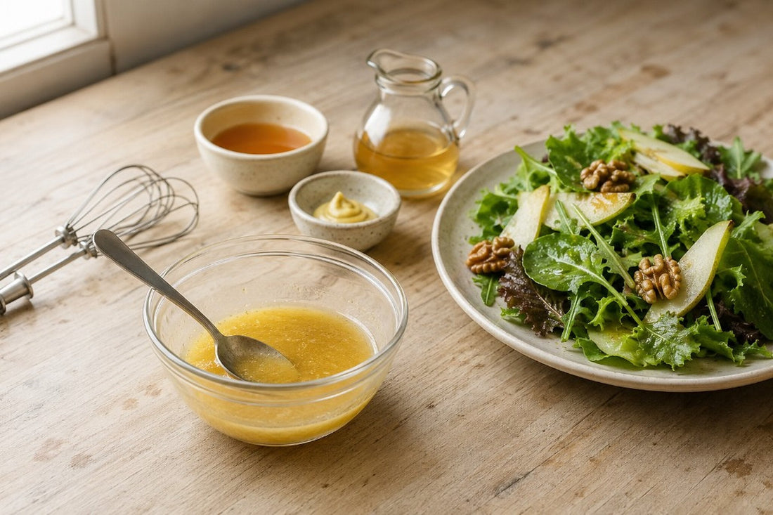 Vinagreta de miel emulsionada en un cuenco de vidrio junto a una ensalada sencilla