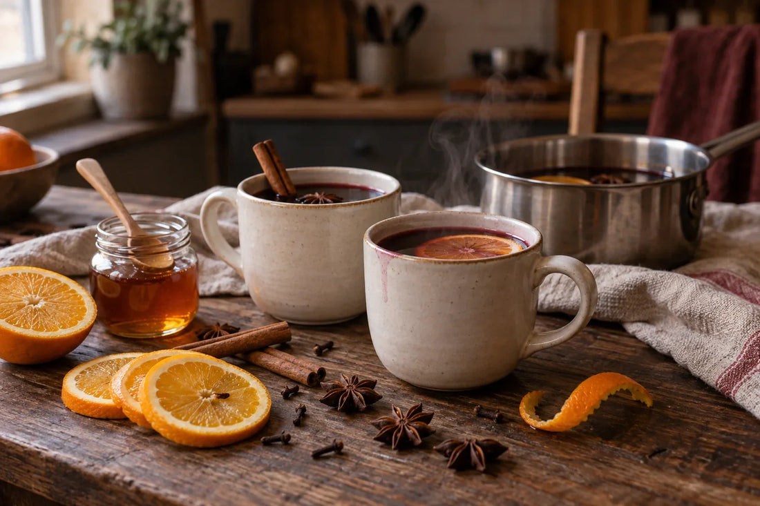 Dos tazas de vino tinto caliente especiado con una rodaja de naranja, rodeadas de ramas de canela, estrellas de anís, clavos y un tarro de miel.