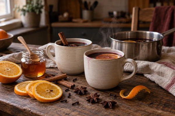 Dos tazas de vino tinto caliente especiado con una rodaja de naranja, rodeadas de ramas de canela, estrellas de anís, clavos y un tarro de miel.