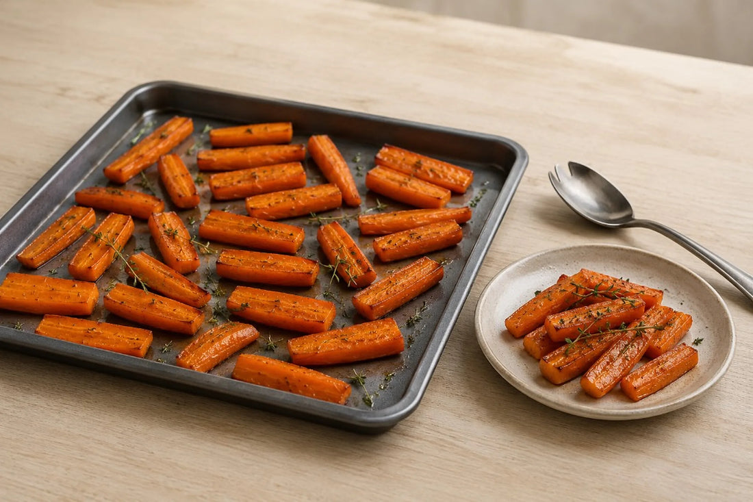 Zanahorias asadas con miel y tomillo en una bandeja de horno